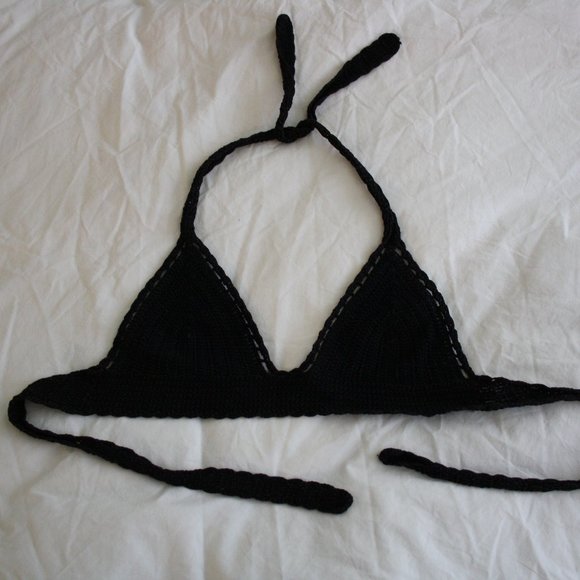 100% Cotton blk crochet halter tie bikini top crop - Picture 2 of 6
